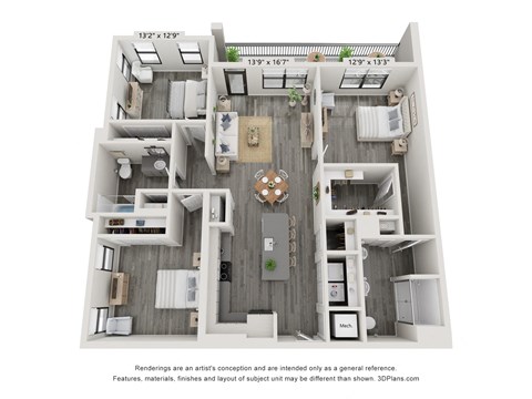 Floor plan for 3 beds, 2 baths, 1408 sqft